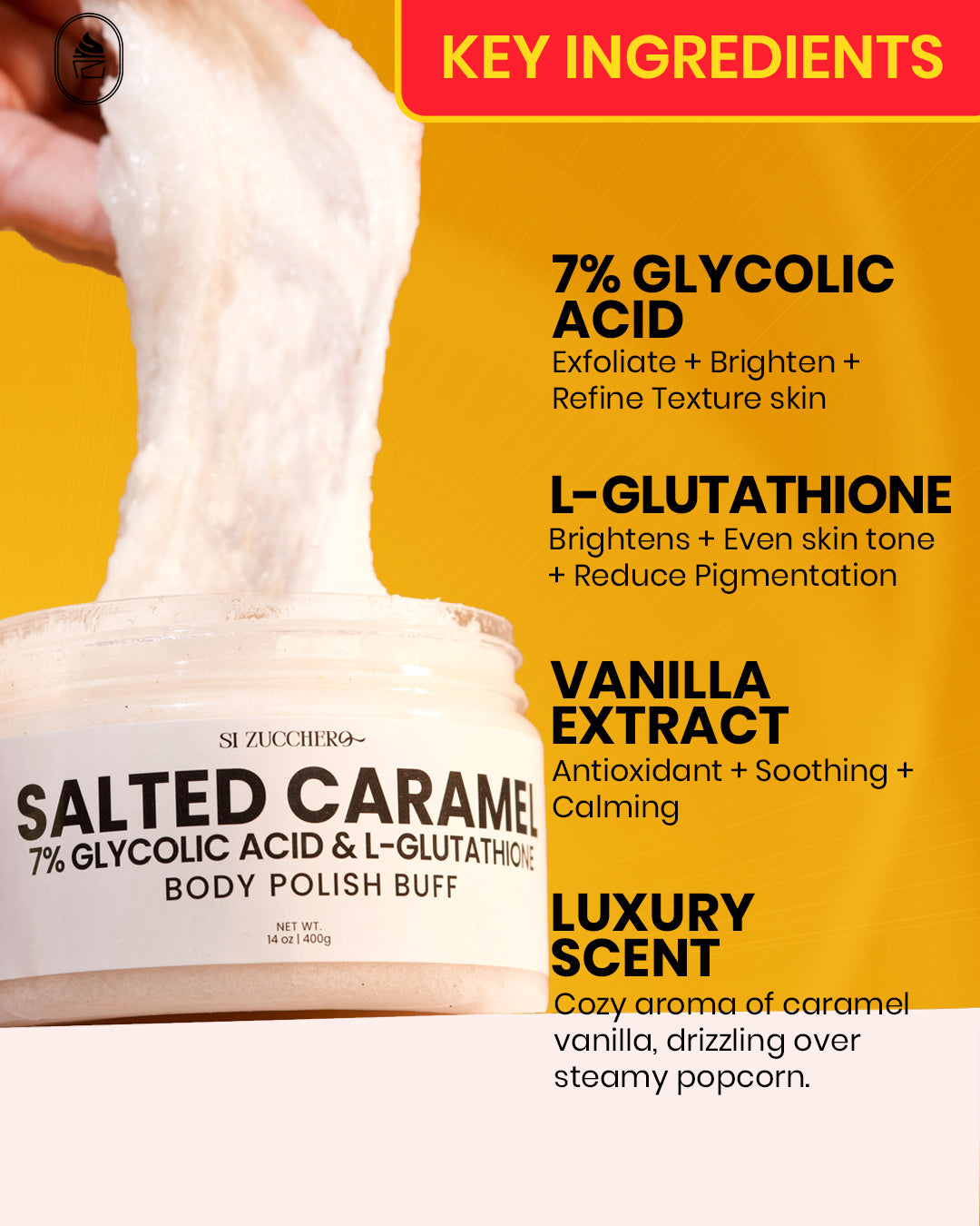 SALTED CARAMEL BODY POLISH BUFF | 7% glycolic acid | Glutathione